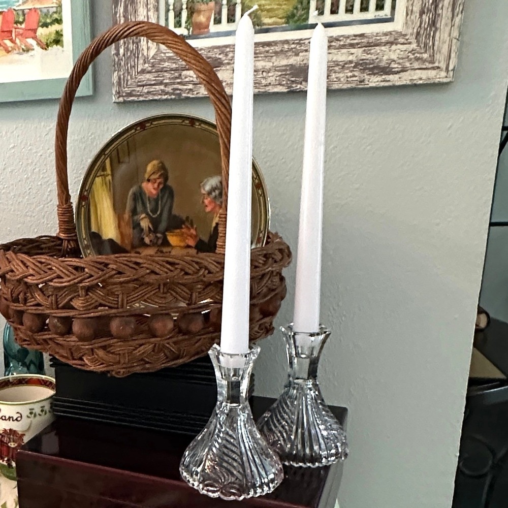 Vintage Anna Hutte Crystal Candlesticks/Candle Holders, Purple Pink Accent, Pair